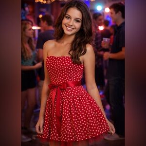 VTG Retro Jessica McClintock Red w/Polka Dots Strapless Belted Tulle Flare Dress